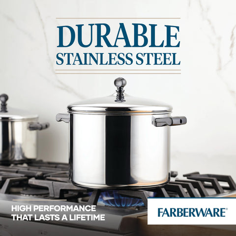 Farberware stock pot on stovetop demonstrating steady simmering performance