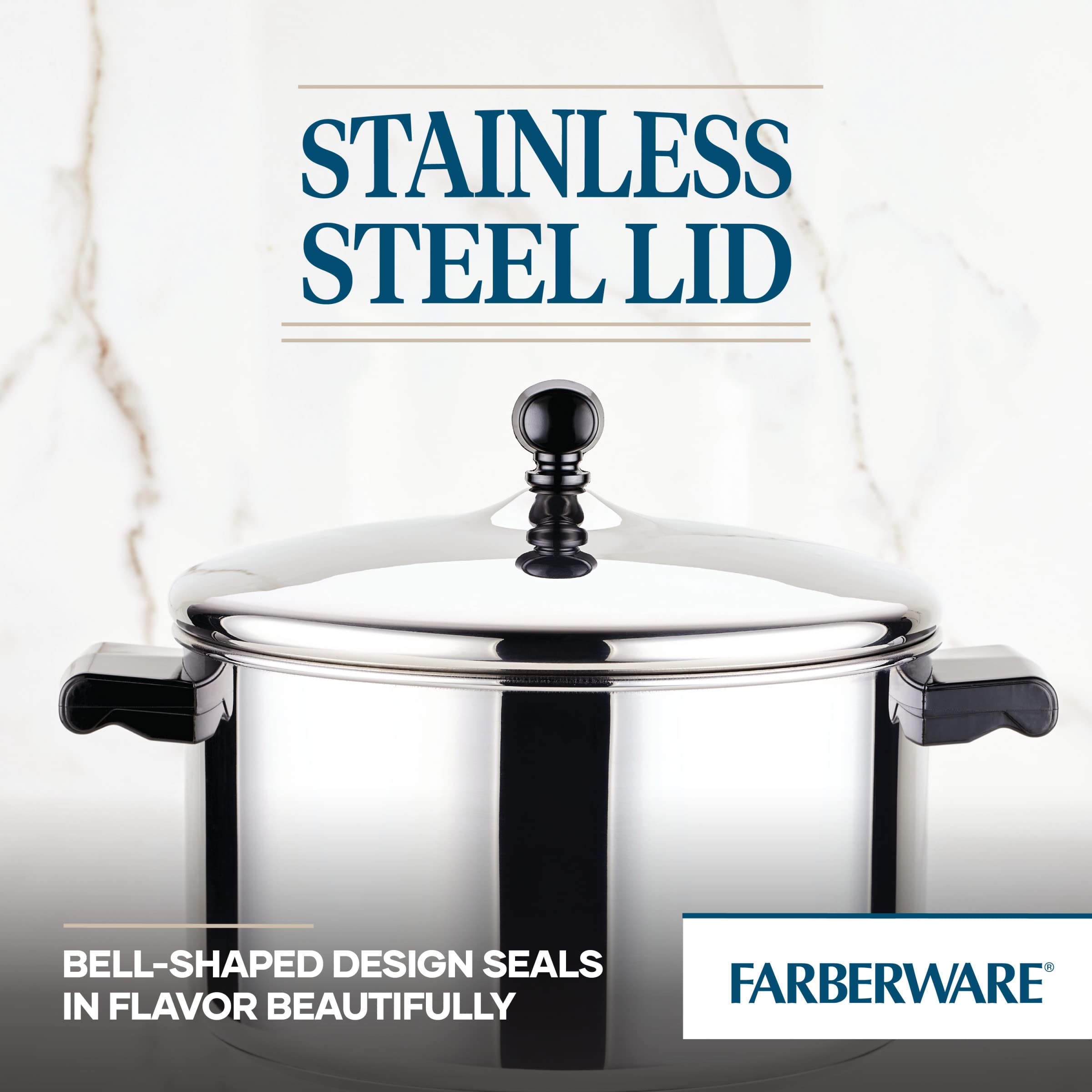 Farberware pot in use simmering soup to demonstrate even cooking and family-size portions