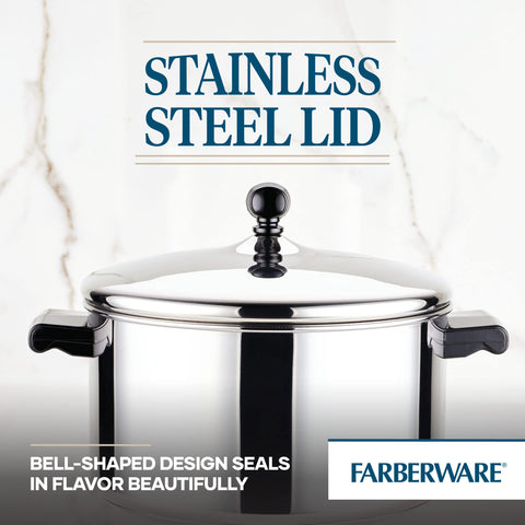 Farberware pot in use simmering soup to demonstrate even cooking and family-size portions