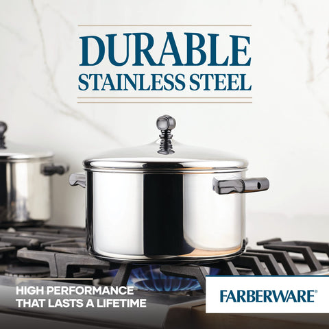 Farberware lid close-up highlighting domed self-basting design that retains moisture