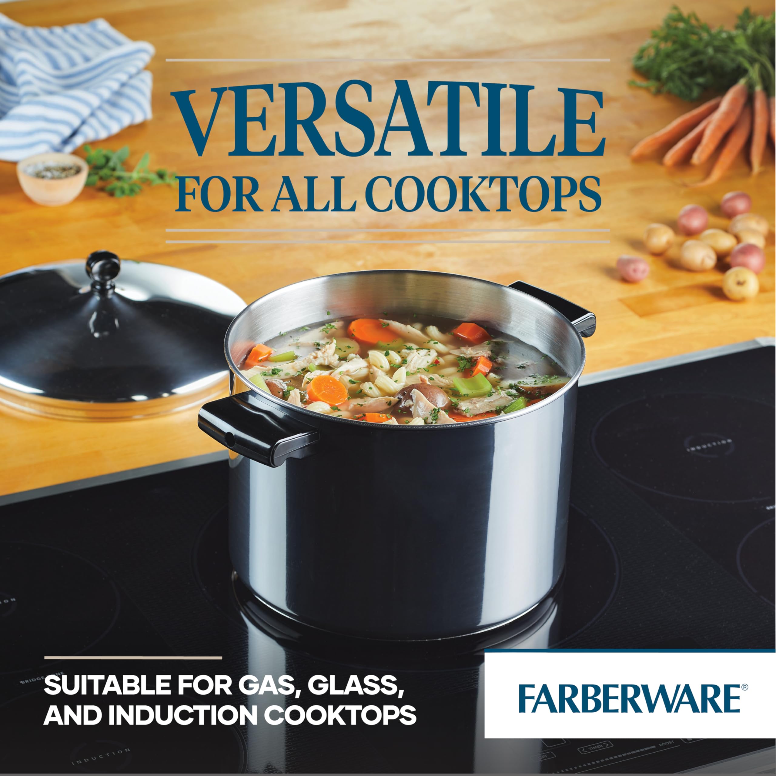 Farberware rolled rim close-up enabling drip-free pouring and clean transfers