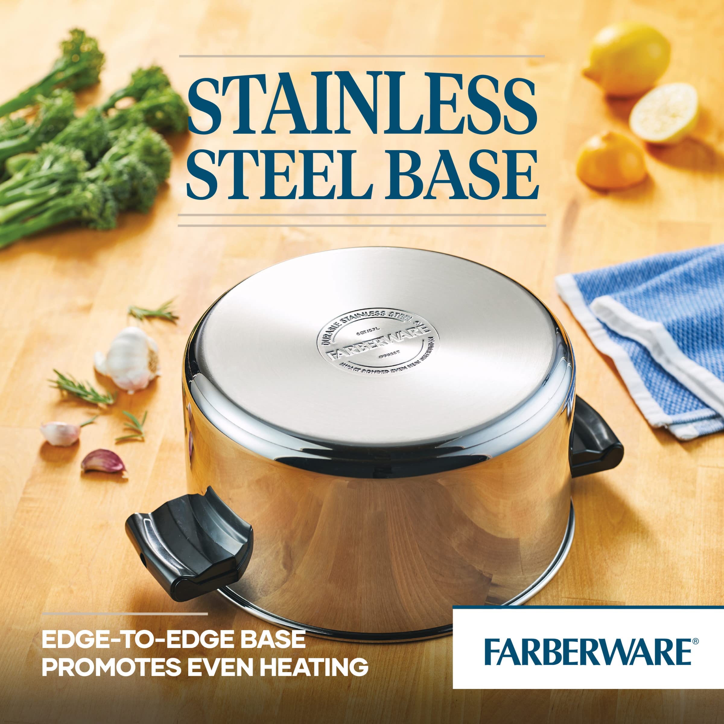 Farberware stockpot beside measuring cups to show 6-quart capacity for batch cooking