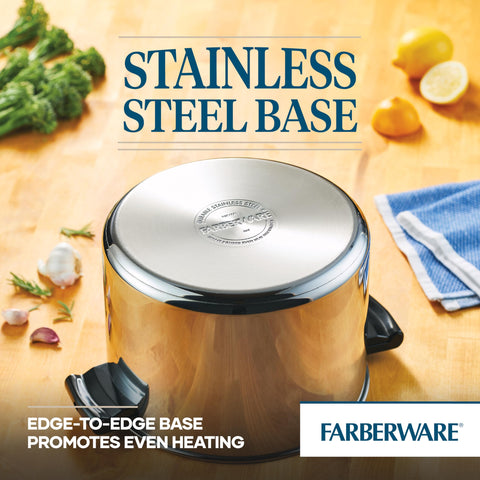 Farberware boiling pasta in pot illustrating ample volume and even cooking
