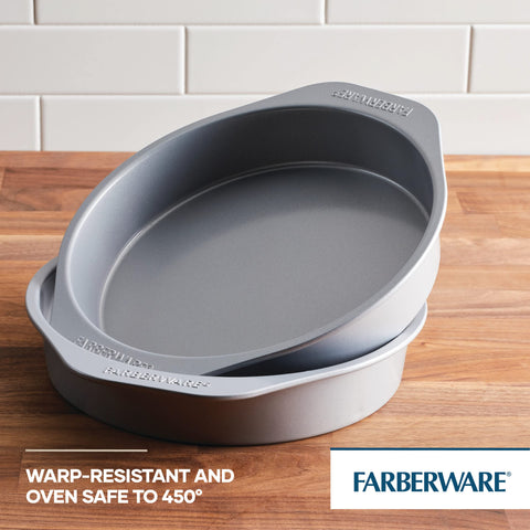 Farberware two pans stacked to show compact storage and space-saving