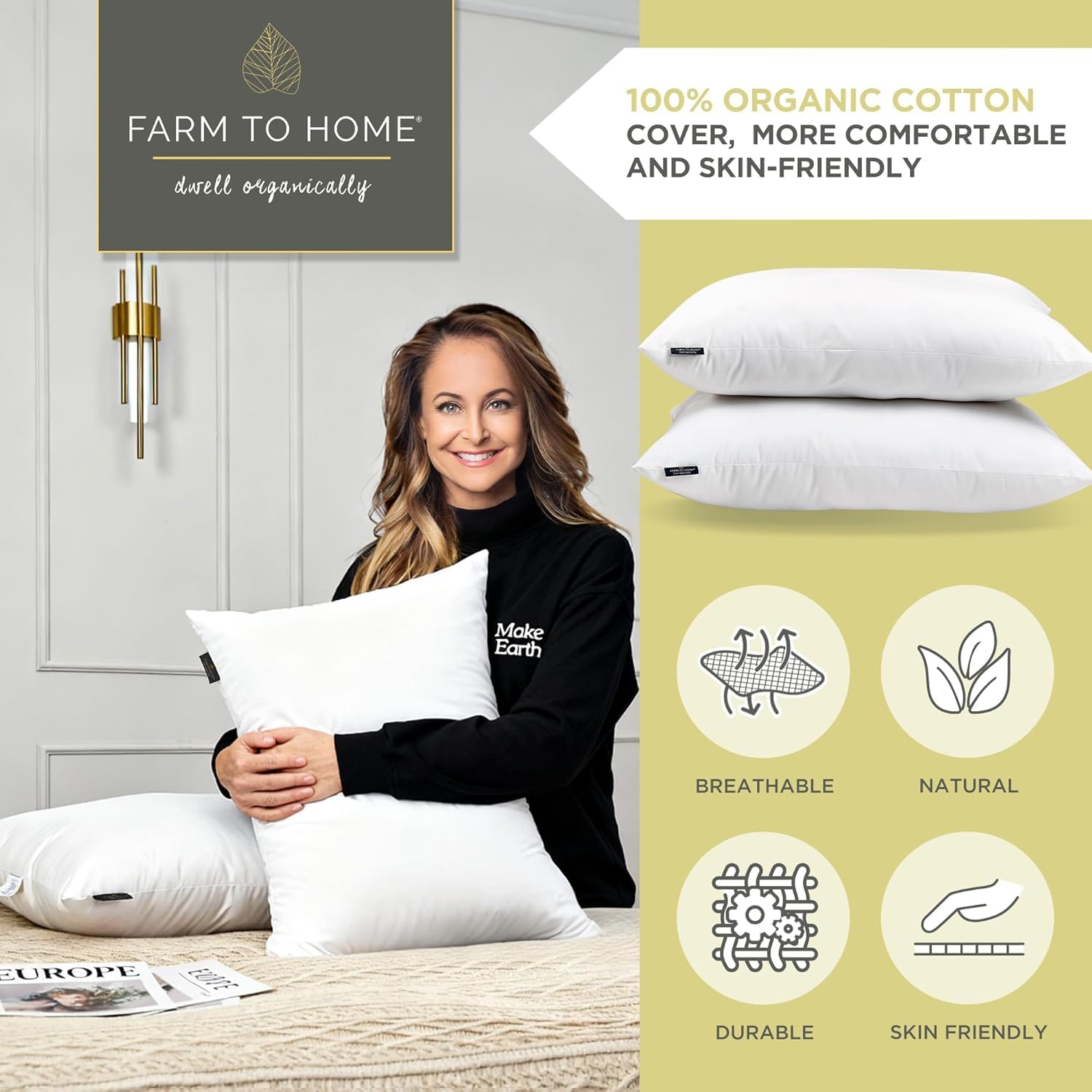 Farm To Home king/jumbo pillow on bench showing extra length and coverage