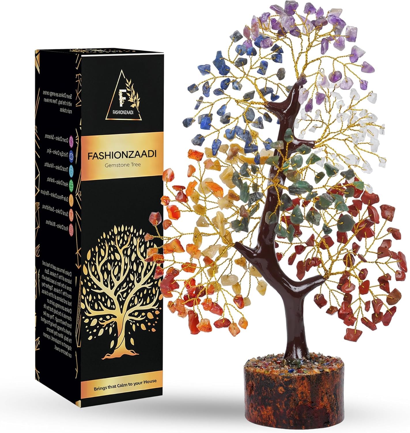 FASHIONZAADI front view of crystal tree showing colorful chakra arrangement and decorative appeal