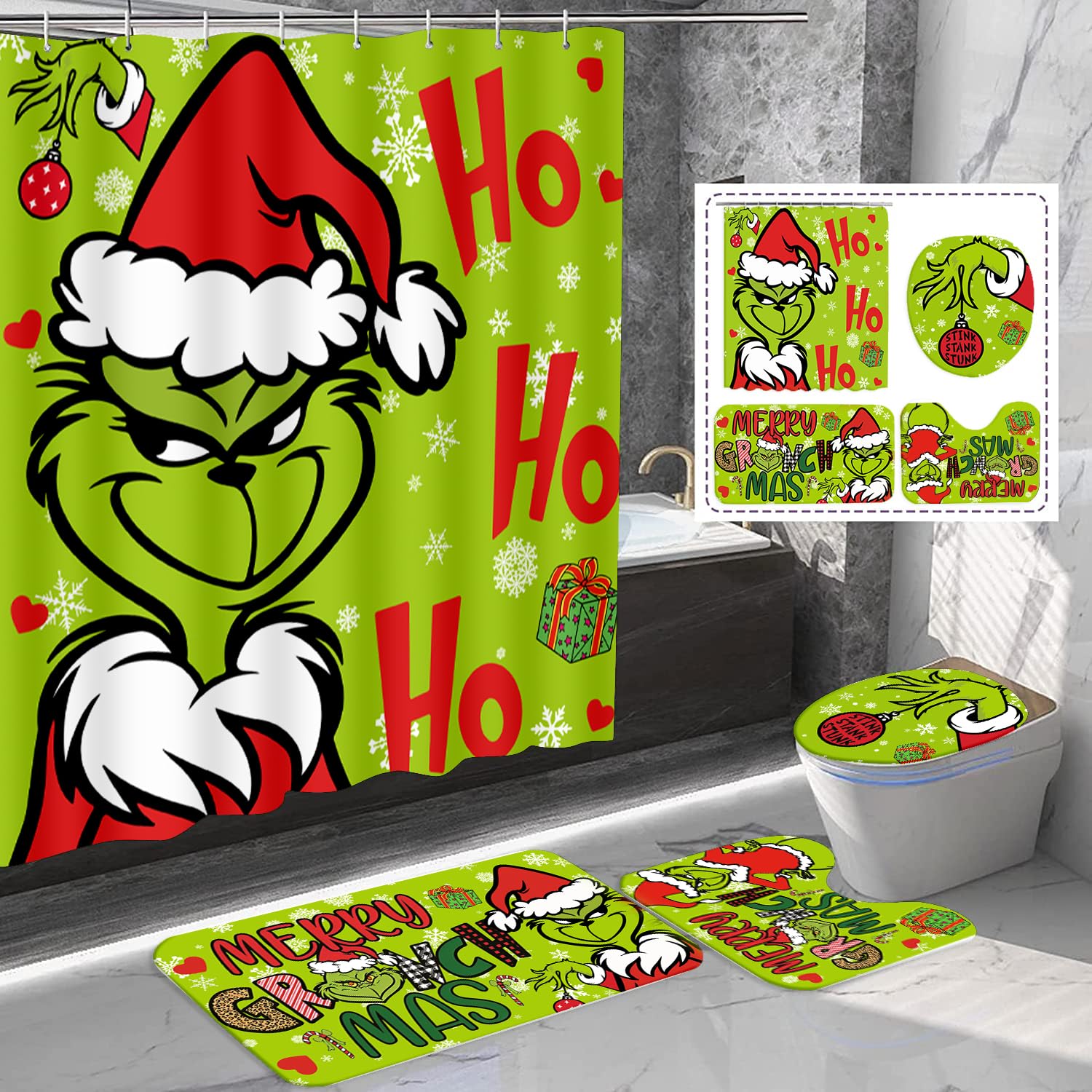 FASIBULEI front view of shower curtain and hooks showcasing festive design and easy setup