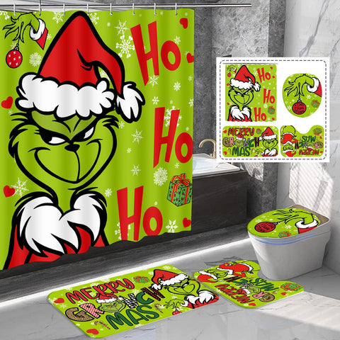 FASIBULEI front view of shower curtain and hooks showcasing festive design and easy setup