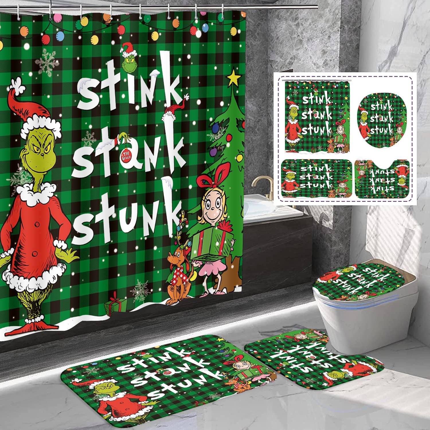FASIBULEI shower curtain front showing Grinch print and bright holiday cheer