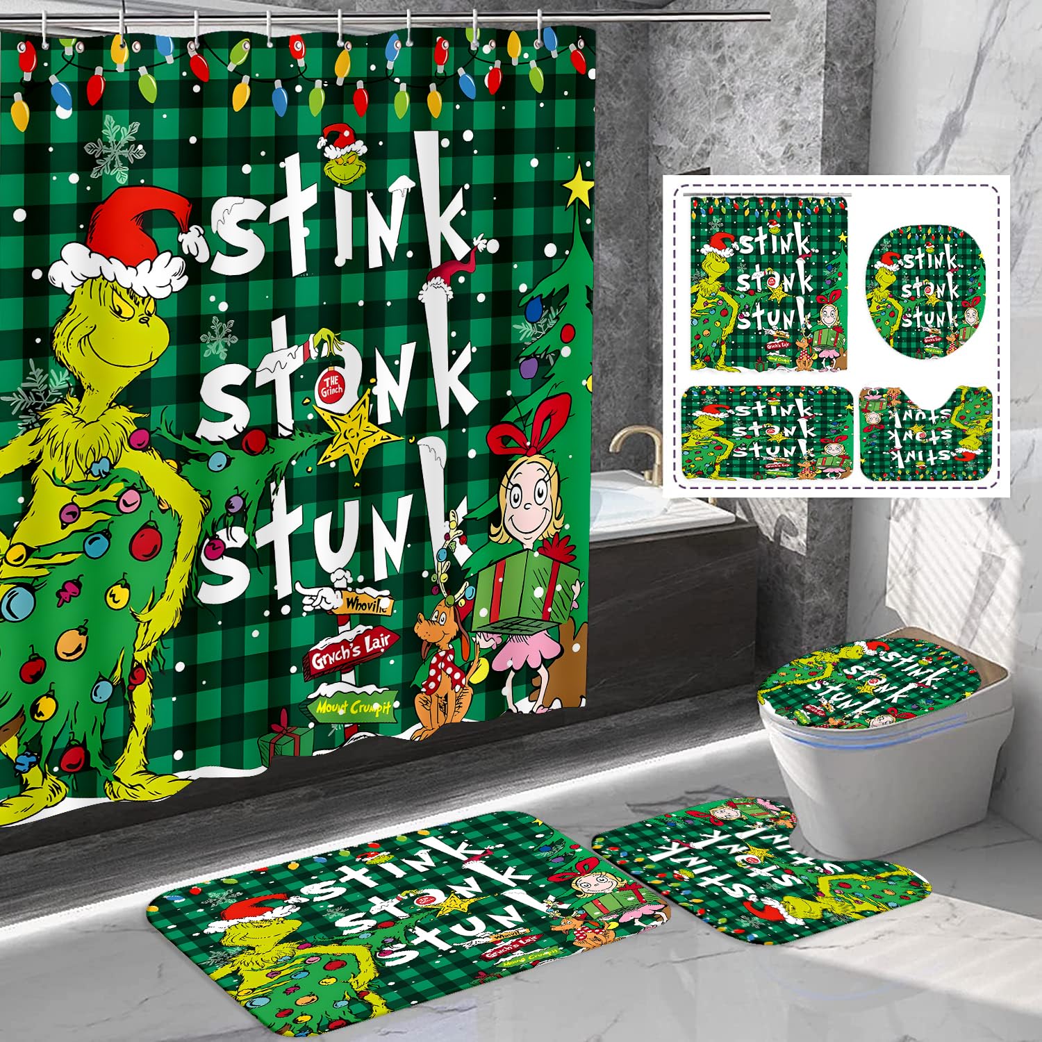 FASIBULEI shower curtain front view showing festive Grinch design and bright colors