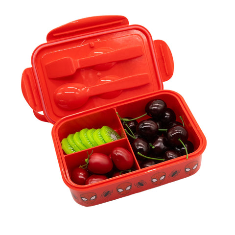 Fast Forward Spiderman open with food inside, brand shows organized compartments for balanced meals