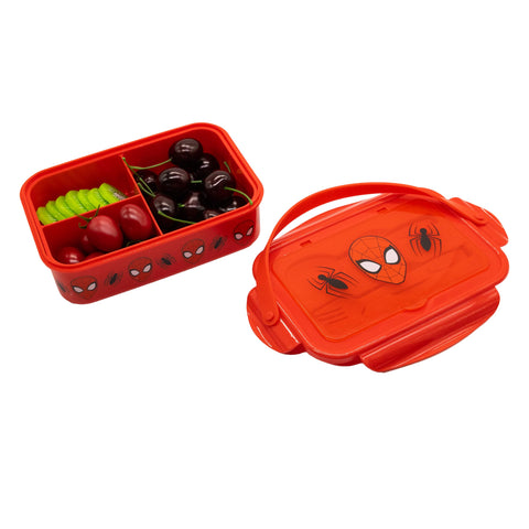 Fast Forward Spiderman close-up of included spoon and fork and lid detail, brand offers convenience