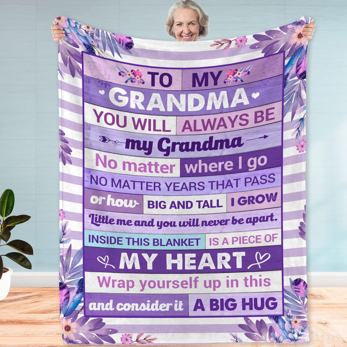 Fastpeace front view purple floral blanket showing full message and design, comforting gift
