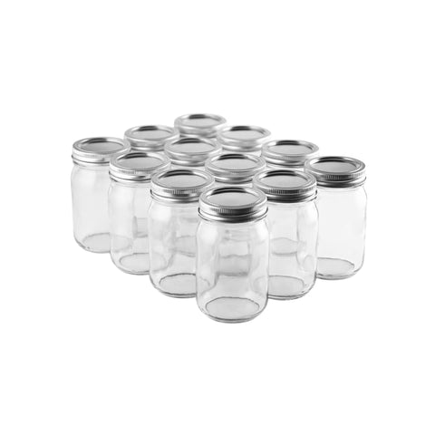 FastRack front view of 12-pack jars showing clear glass and lids for convenient storage