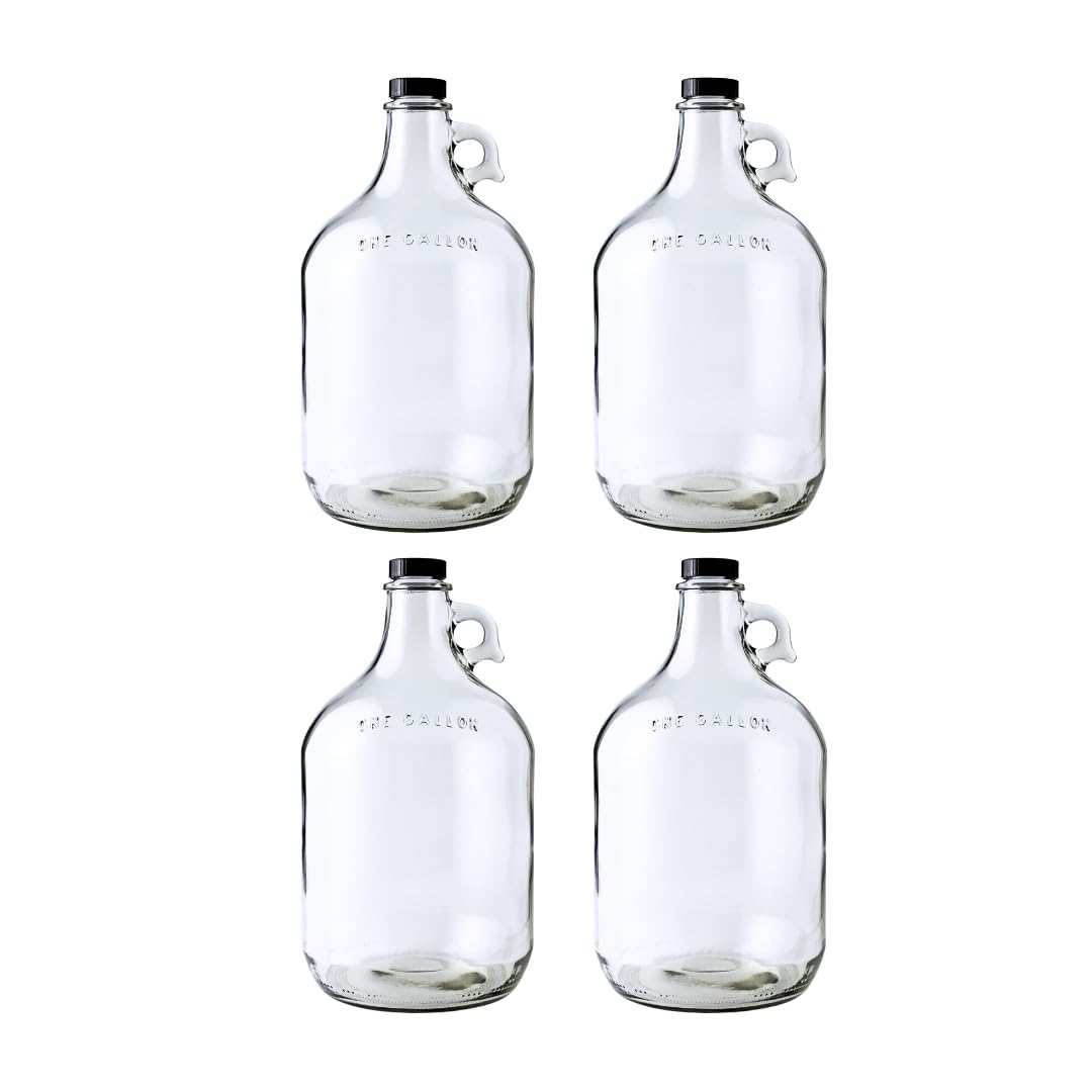 FastRack front view of four glass jugs showing clear bodies and polyseal caps for durable storage