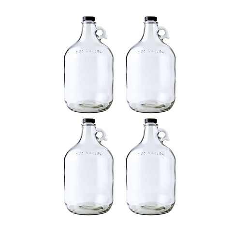 FastRack front view of four glass jugs showing clear bodies and polyseal caps for durable storage