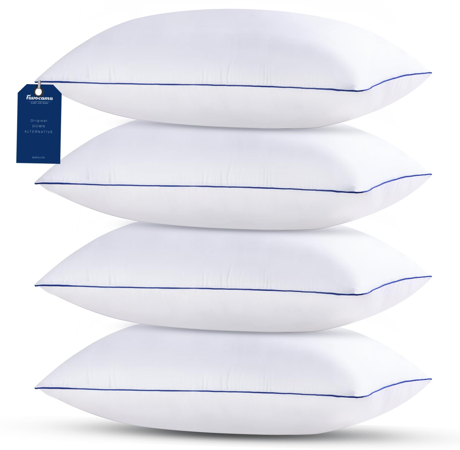 Favocama front packaging set of four showing clean white pillows and bundle benefit
