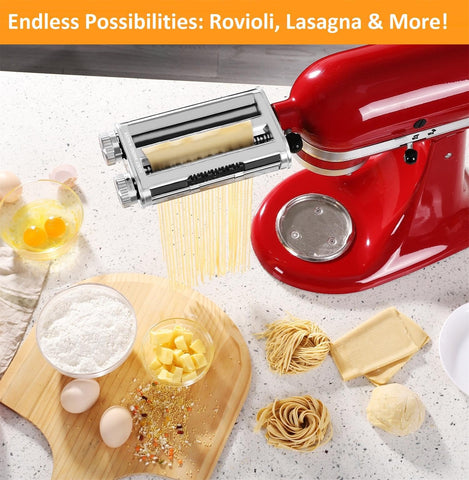 FavorKit attachment mounted in use on mixer, uses mixer power to speed pasta making