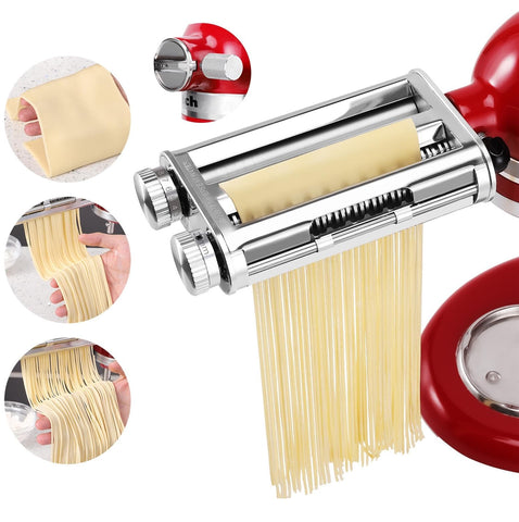 FavorKit front view of metal 3-in-1 pasta maker attachment showing build and controls for durable performance