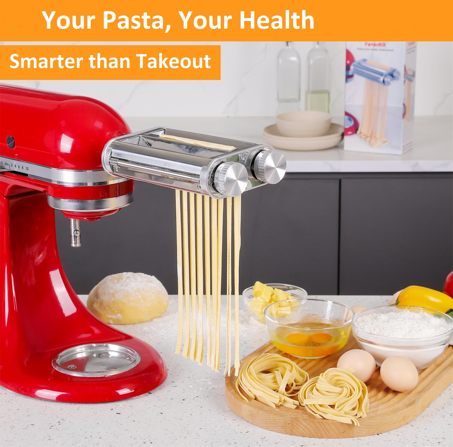 FavorKit rolled pasta sheet closeup, smooth metal roller creates even dough thickness
