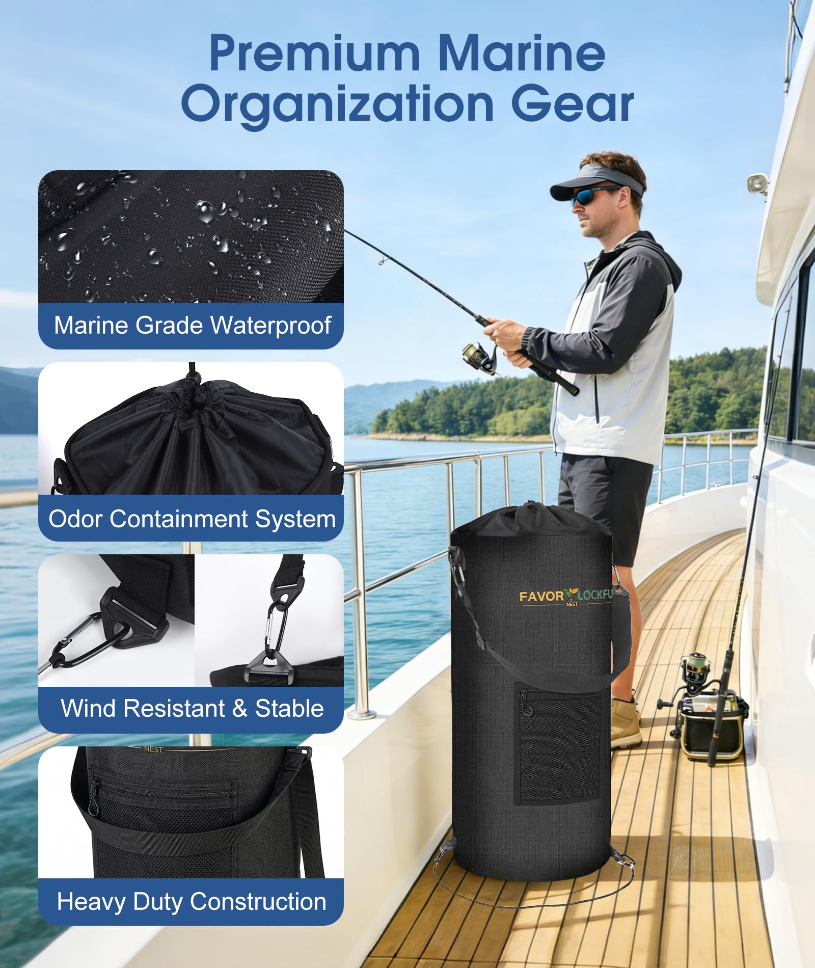 FAVORLOCKFUNEST hanging on boat rail secured by straps to resist wind and movement
