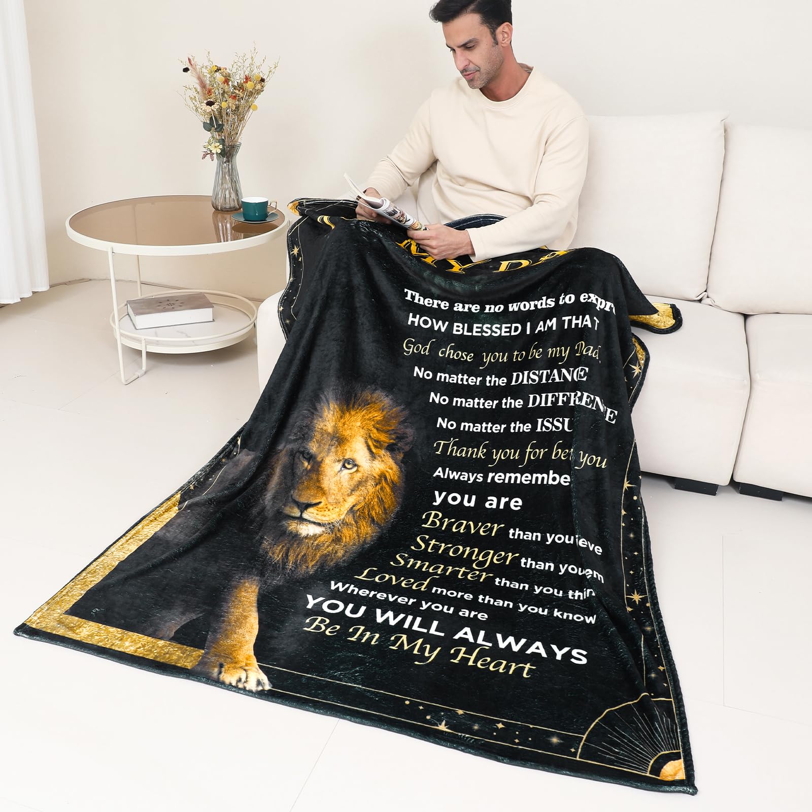 Favwgik blanket on sofa showing cozy warmth and everyday comfort for dad