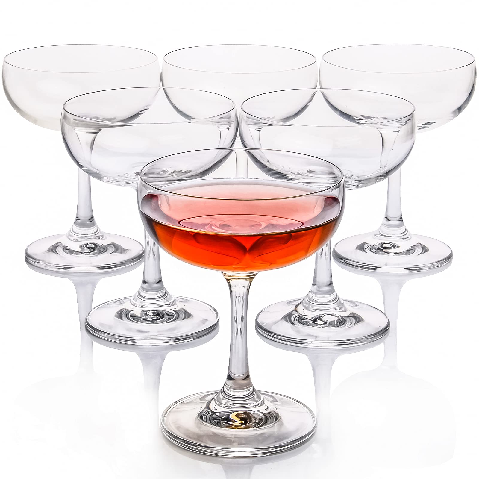 FAWLES front view of six coupe glasses showing elegant clarity and sparkle
