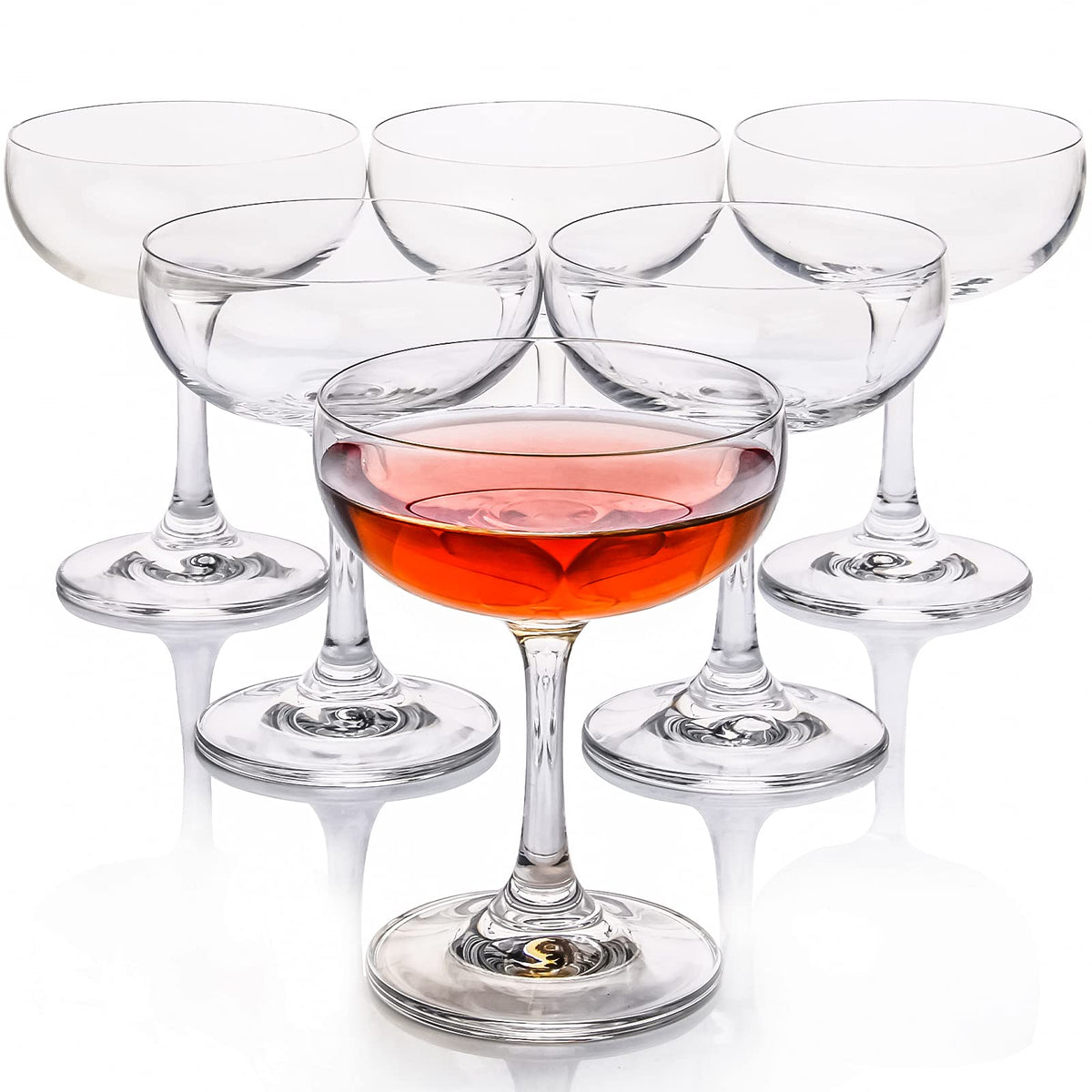 FAWLES front view of six coupe glasses showing elegant clarity and sparkle