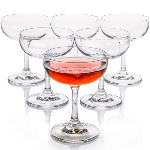 FAWLES front view of six coupe glasses showing elegant clarity and sparkle