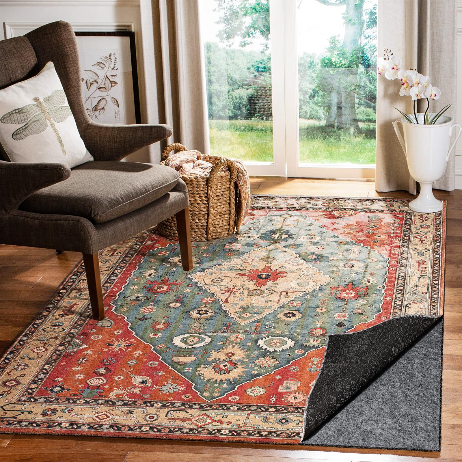 Fchuswty corner lifted to show non-slip backing preventing rug movement