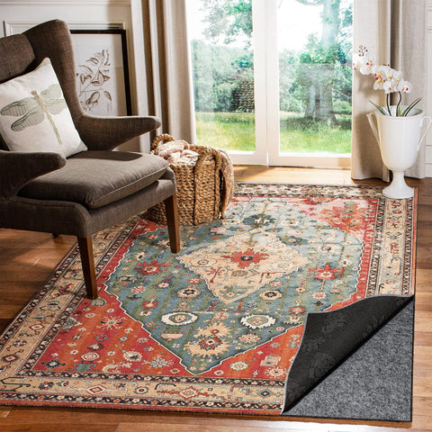 Fchuswty corner lifted to show non-slip backing preventing rug movement