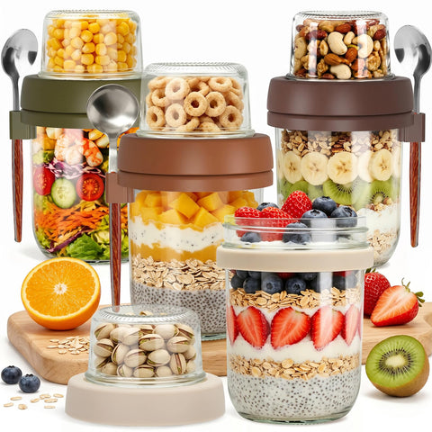 Fcotsm front view of four glass jars showing colors and included spoons for convenient prep