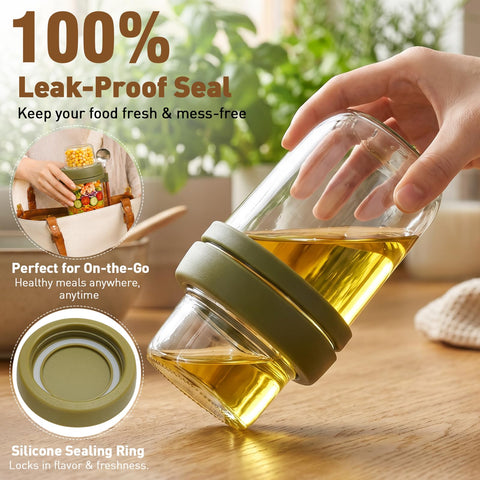 Fcotsm jar open with spoon and layered parfait showing immediate eating convenience
