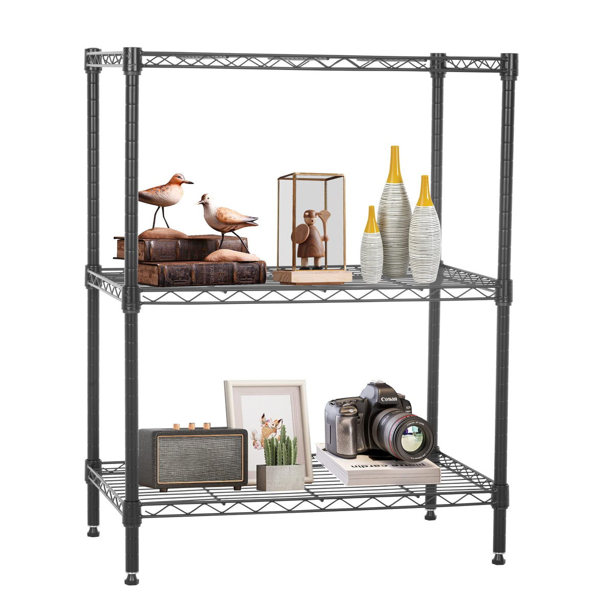 FDW 3-tier wire shelf front view showing compact black frame and three tiers for space-saving storage