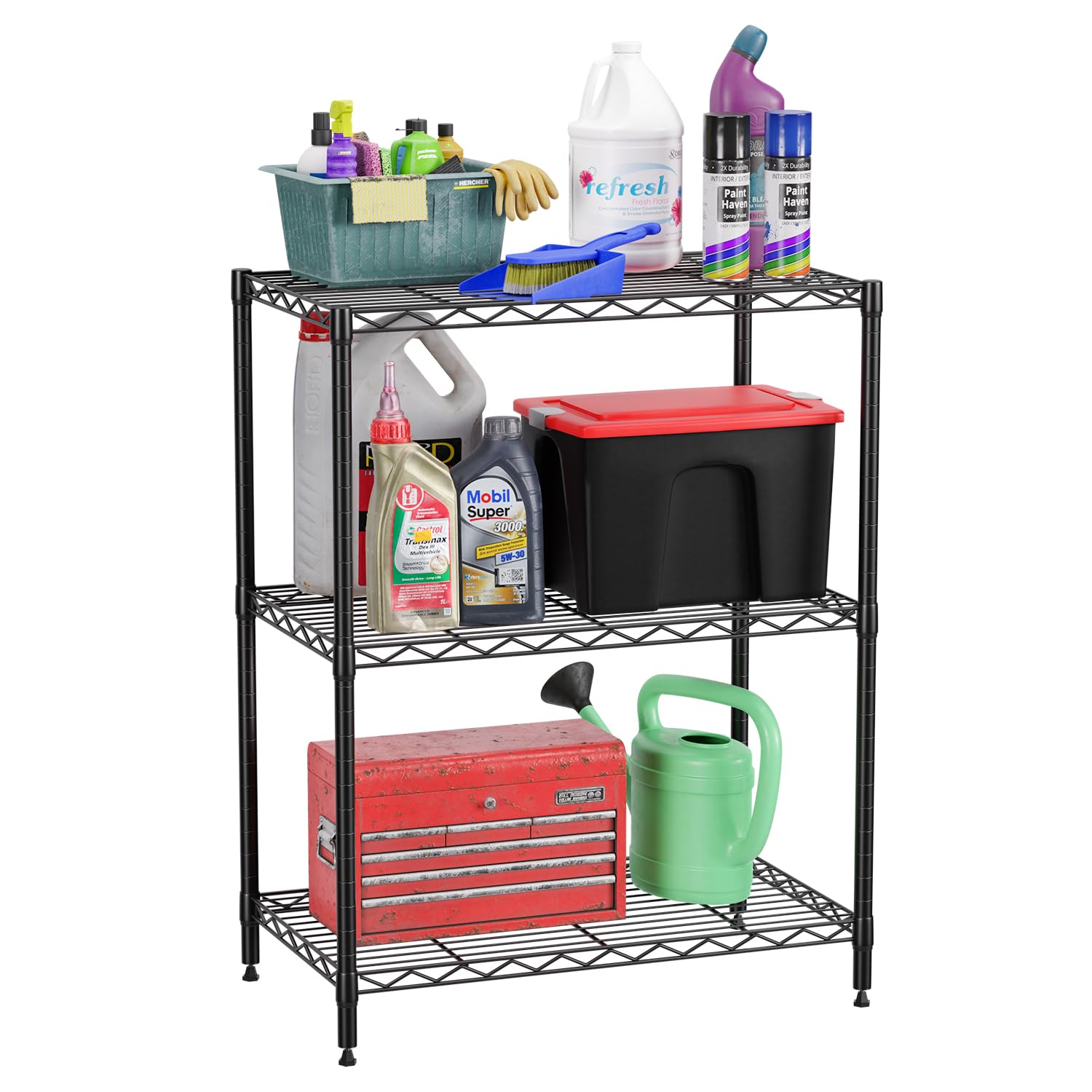FDW three-tier wire shelf front view showing compact storage and durable design
