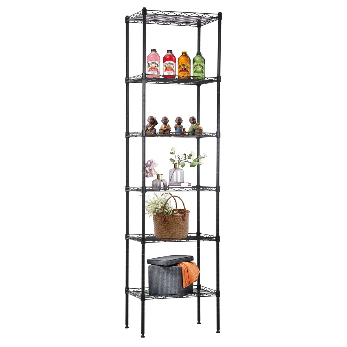 FDW 6-tier front view showing full black shelving and load capacity