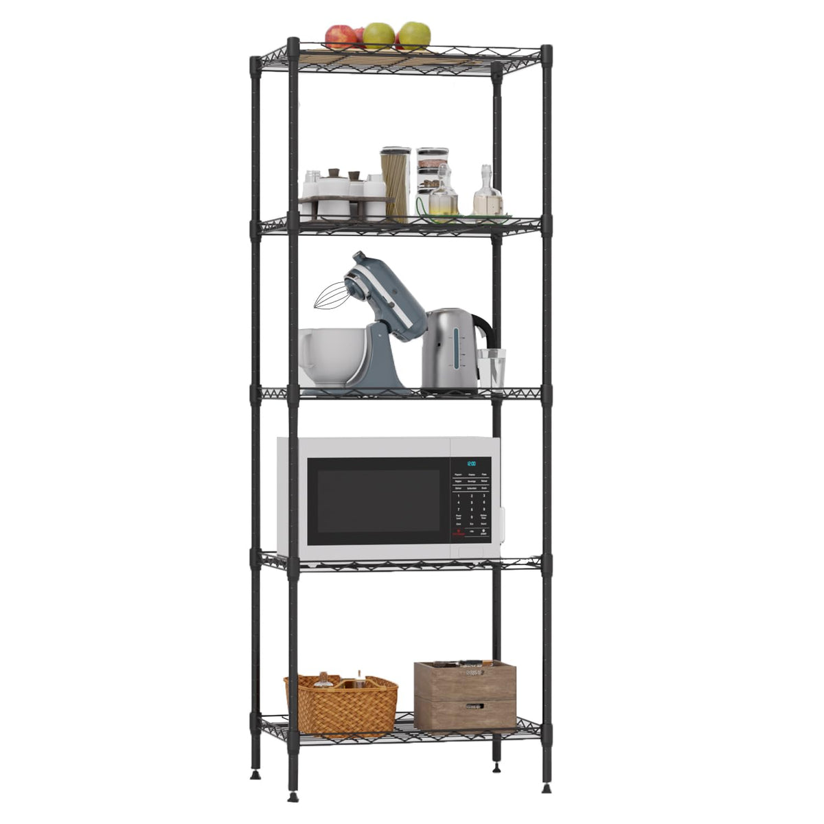 FDW front view of 5-tier wire shelf showing compact storage and strength