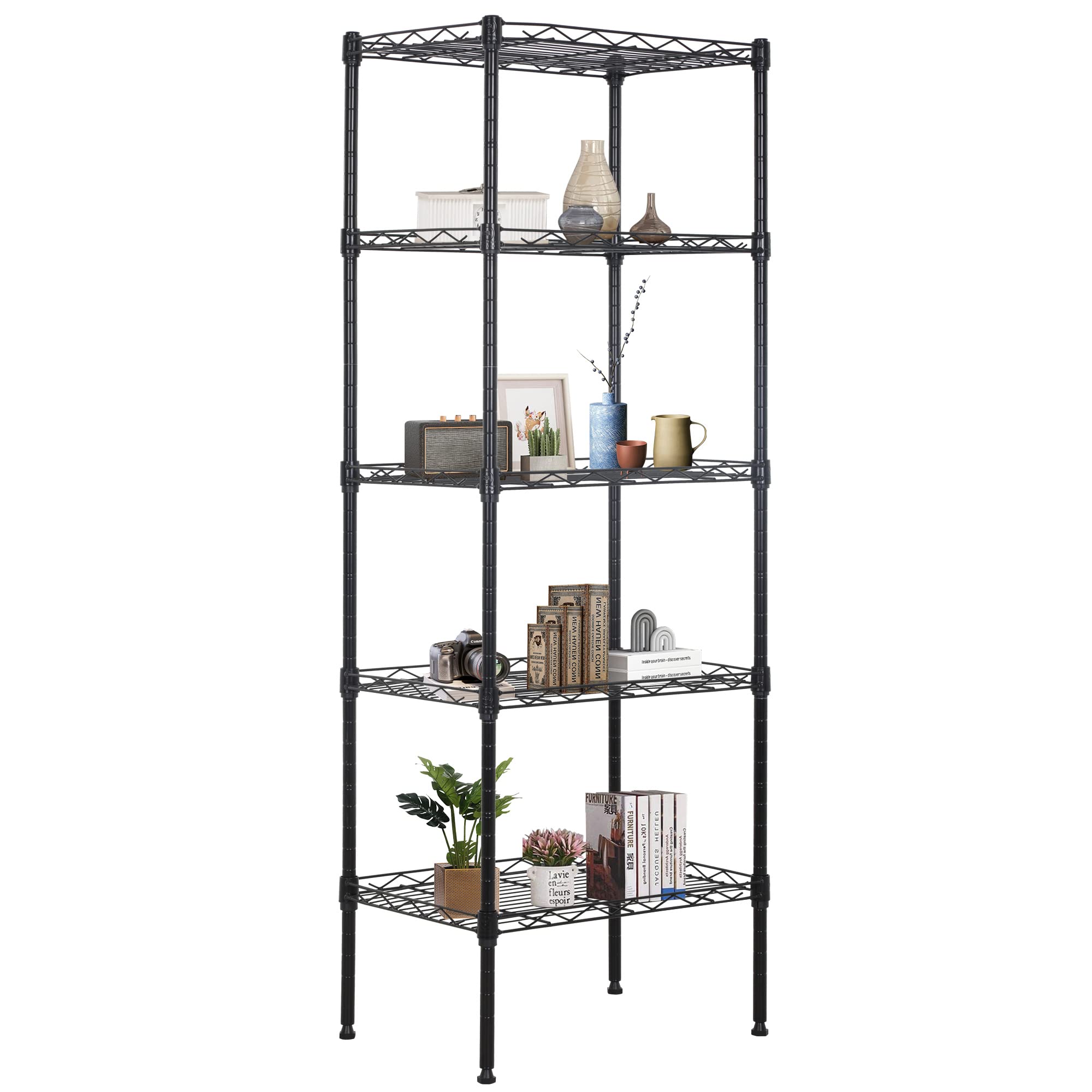 FDW front view of 5-tier shelf showing slim footprint and black finish