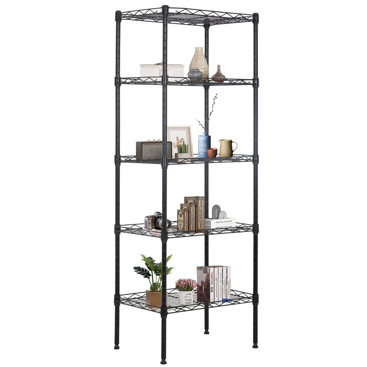 FDW front view of 5-tier shelf showing slim footprint and black finish