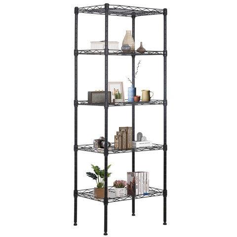 FDW front view of 5-tier shelf showing slim footprint and black finish