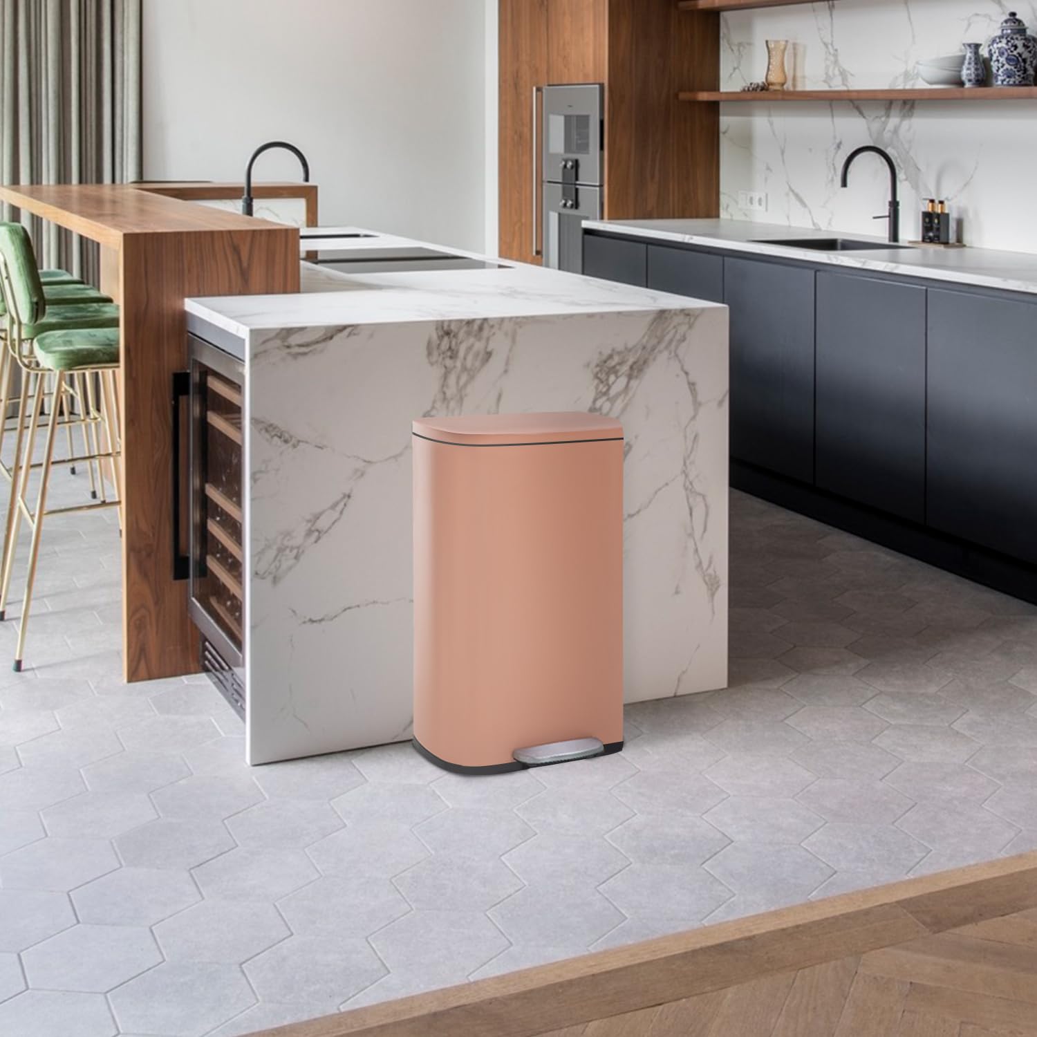 FDW next to chair for scale showing true 13-gallon size and space-saving design