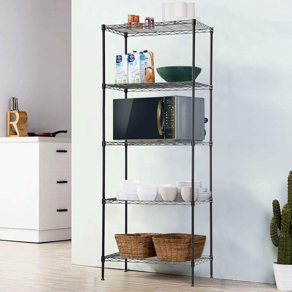 FDW shelf staged in kitchen holding pantry items showing organization benefit