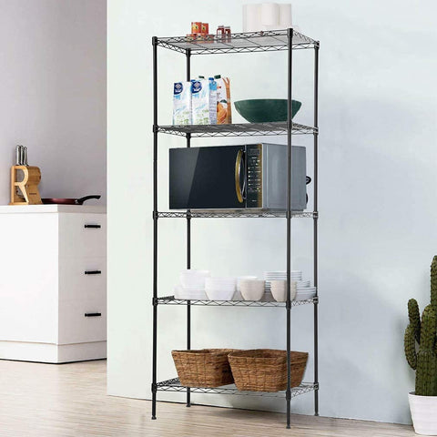 FDW shelf staged in kitchen holding pantry items showing organization benefit