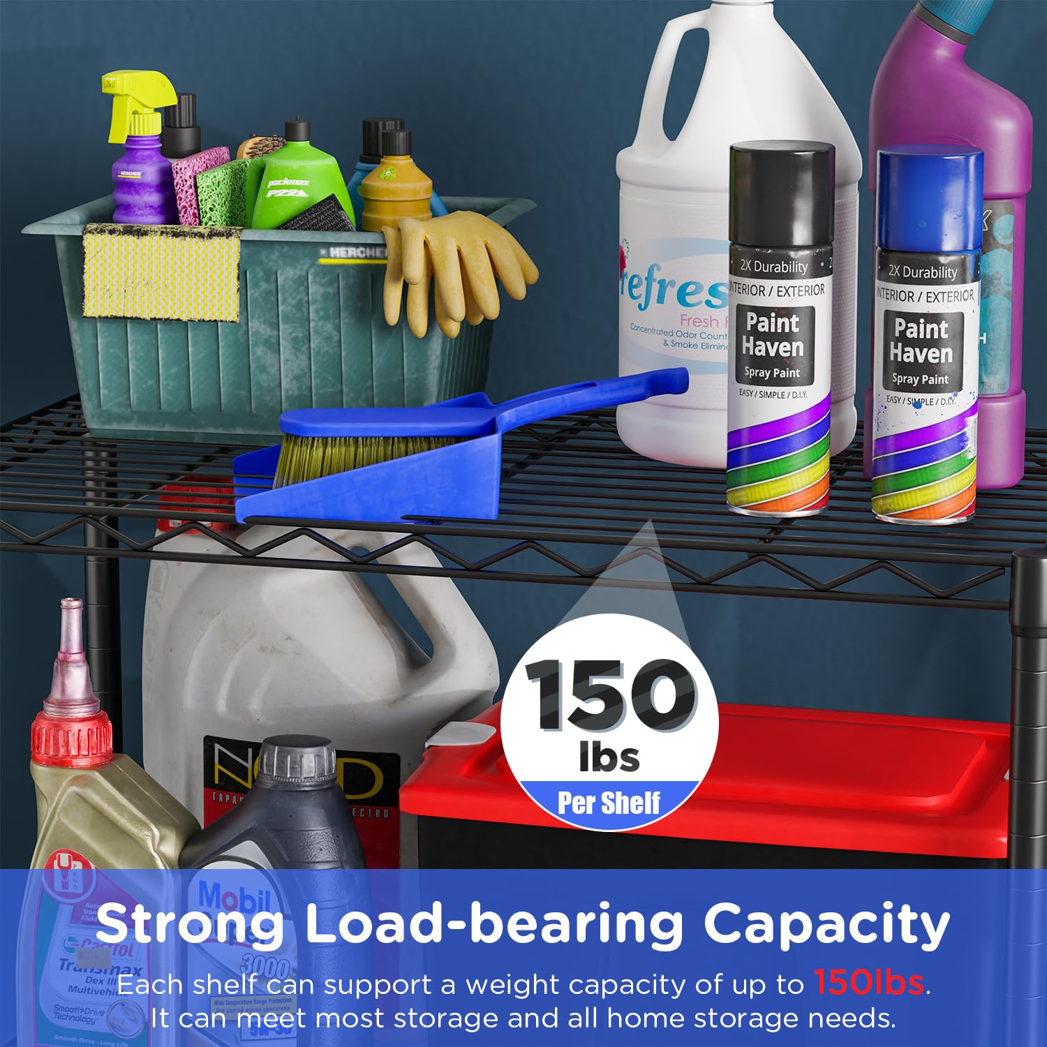 FDW shelf holding heavy boxes illustrating 150 lb per-tier weight support