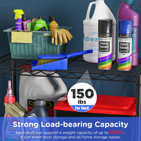 FDW shelf holding heavy boxes illustrating 150 lb per-tier weight support