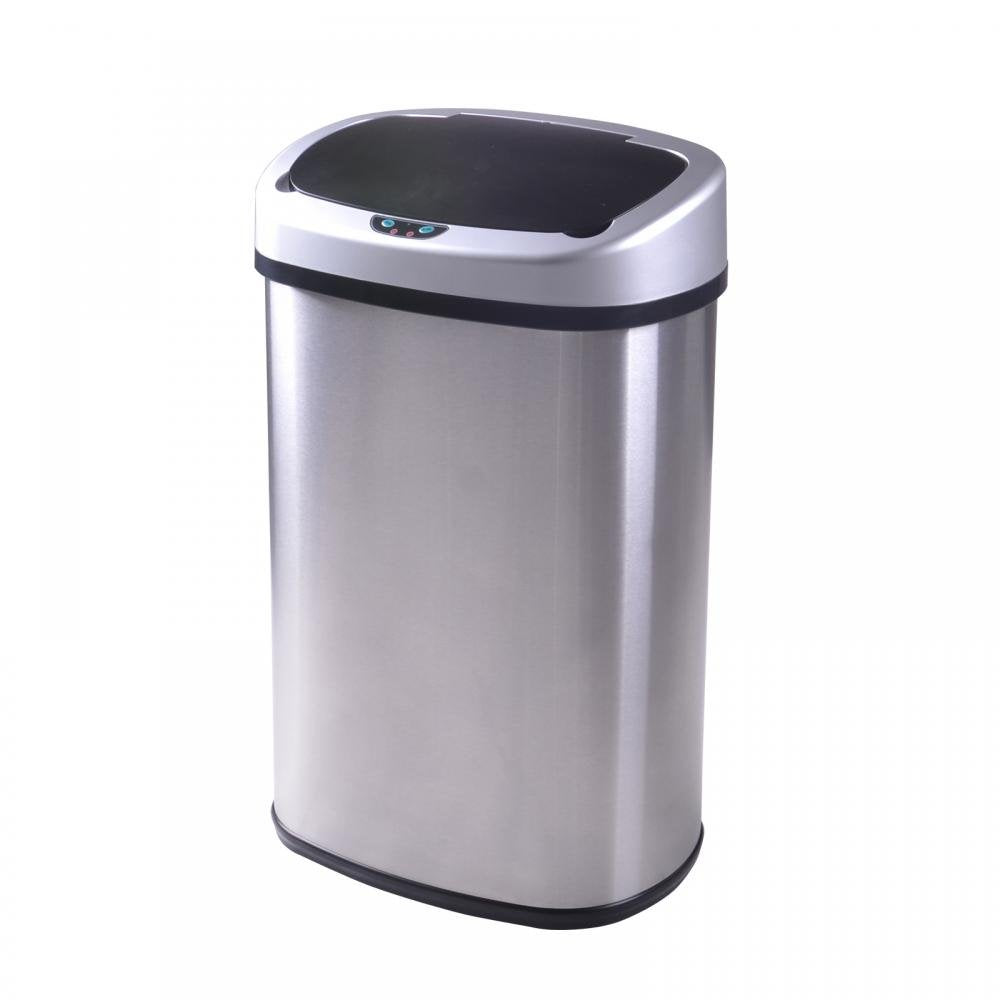 FDW stainless steel trash can front view showing sleek design and neat fit