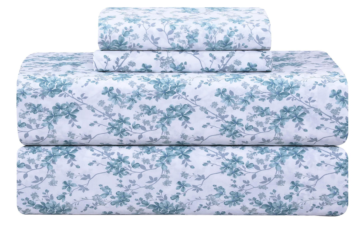 FEATHER & STITCH front packaging of blue floral sheets shows quality and design