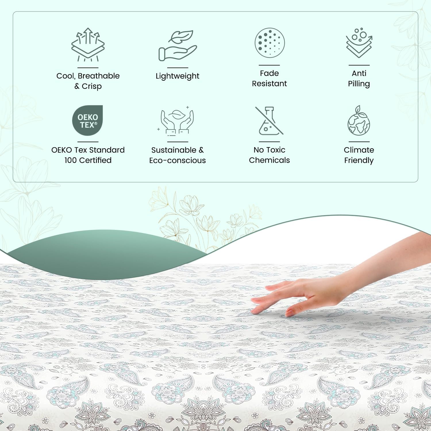 Feather & Stitch flat sheet drape detail highlights smooth, breathable percale