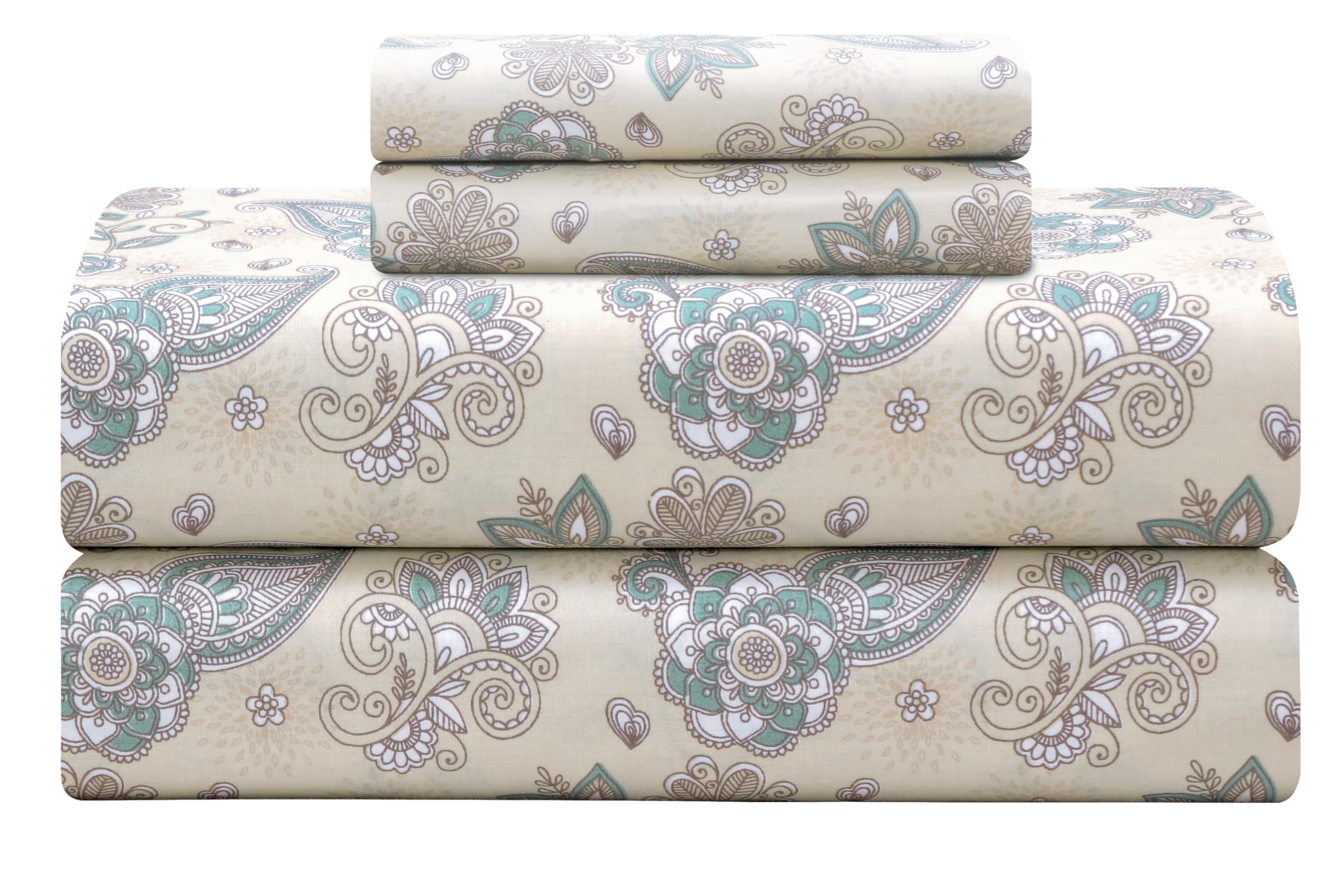 Feather & Stitch front view of beige paisley sheet set shows elegant, versatile style