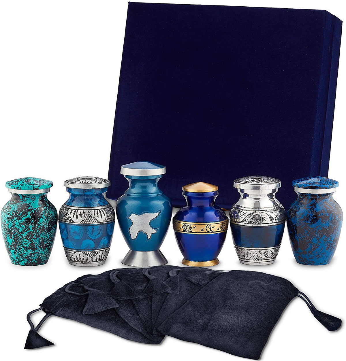 Fedmax front view of blue mini urns showing dignified design and compact size